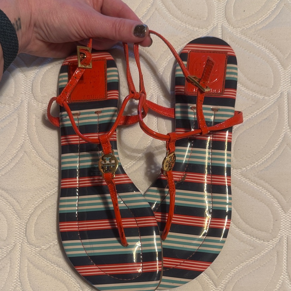 Tory Burch Striped Sandals with Red Straps
